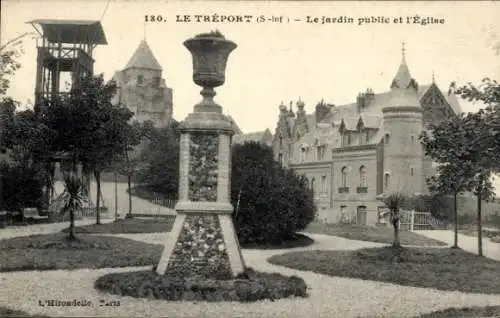 Ak Le Tréport Seine Maritime, le jardin public, Kirche