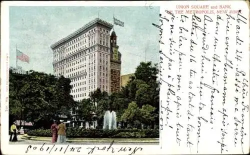 Ak New York City USA, Union Square, Bank, Gebäude, Landschaft, Menschen
