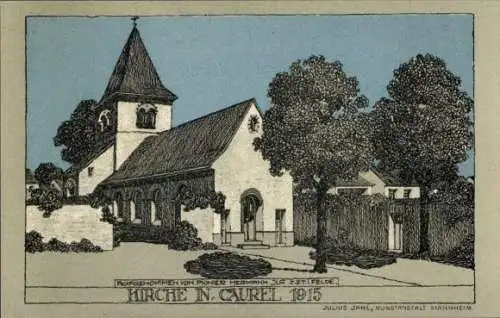 Ak Caurel Côtes-d’Armor, Kirche in   Darstellung, Jahr 1915, Künstler Julius Jahl