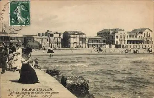 Ak Palavas les Flots Hérault, Plage, Chalets