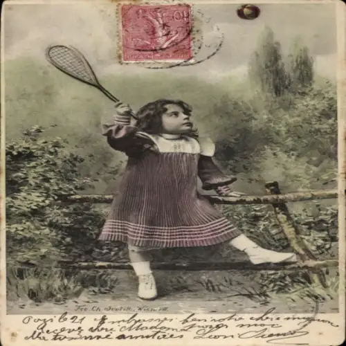 Ak Mädchen beim Tennisspielen