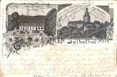 Litho Falkenstein im Harz, Selketal, Burg Falkenstein, Gasthaus Zum Falken