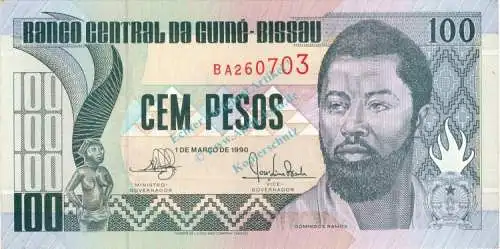 Banknote Guinea-Bissau , 100 Pesos Schein 1990 -D. Ramos- unc-kfr WPM.11