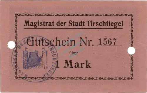 Tirschtiegel , Notgeld 1 Mark Schein unc-kfr.E Diessner 402.a , Posen o.D. Notgeld 1914-15