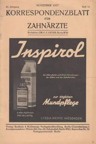 C. F. Geyer (Red.): Korrespondenzblatt für Zahnärzte. 61. Jahrgang, Heft 11, November 1937. 