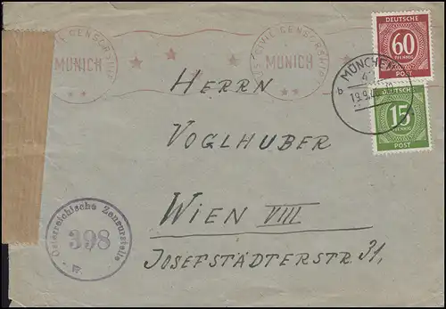 Zensur US CIVIL CENSORSHIP MUNCH auf Brief MiF aptiert MÜNCHEN 19.9.46 nach Wien