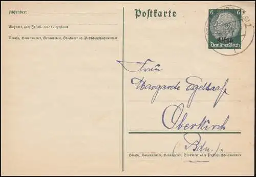 Alsace Carte postale P 2 Hindenburg avec impression STRASSBURG 24.3.1941 vers Oberkirch