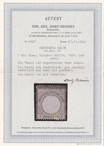 Deutsches Reich: MiNr. 10, BPP Attest, (*)