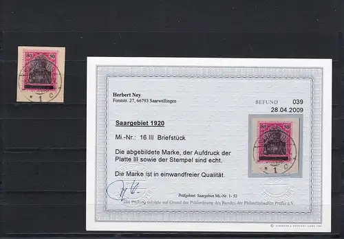 Saargebiet: MiNr. 16 III auf Briefstück, 1920, Platte III, BPP Befund