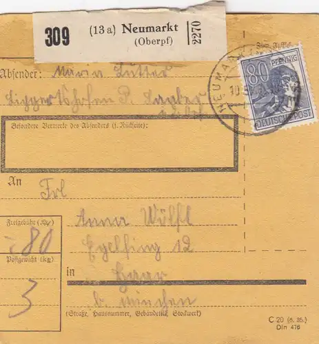 Paketkarte 1948: Neumarkt nach Eglfing Haar