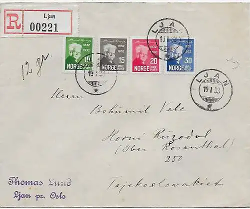 Norwegen: Einschreiben Ljan/Oslo nach Ober-Rosenthal, 1933