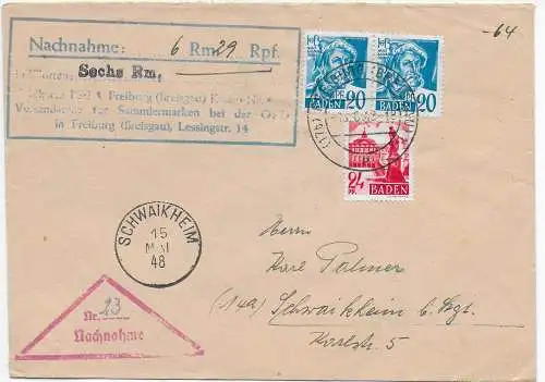 Franz. Zone 1948: Freiburg nach Schwaikheim, Nachnahme 1948
