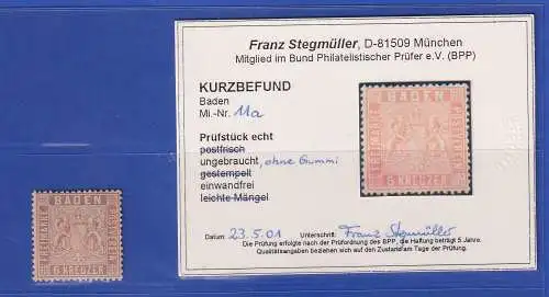 Baden 1860 Wappen 6 Kreuzer Mi.-Nr. 11a (*) KB STEGMÜLLER BPP