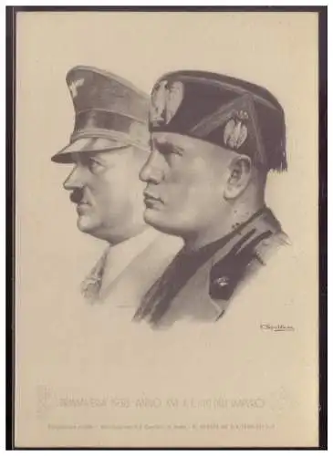 [Propagandapostkarte] Dt.- Reich (008135) Propagandakarte Hitler, Mussolini Primavera 1938, gestempelt mit SST Besuch des Führers in Italien. 