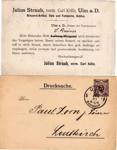 Württemberg 1891, 3 Pf. auf Brauerei-Artikel Firmenkarte v. Ulm n. Leutkirch