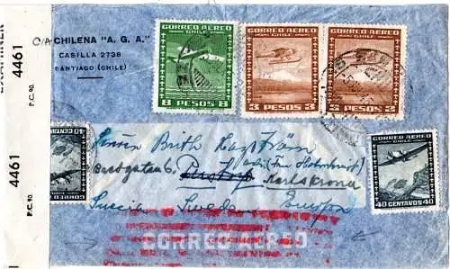 Chile 1945, Zensur Brief v. Santiago m. rotem Luftpost Annullierungsstempel