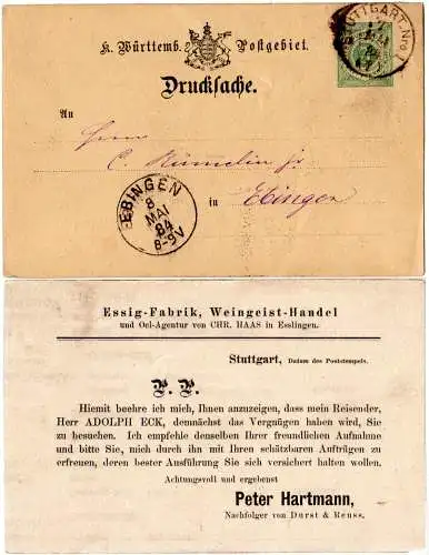 Württemberg 1884, gebr. 3 Pf Ganzsache m. rs. Zudruck  Weingeisthandel Esslingen