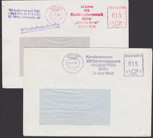 Görlitz AFS "Kondensatorenwerk VEB "Wilhelm Pieck" in aller Welt" und "35 Jahre ..." 2 Belege AFS in rot bzw. blau