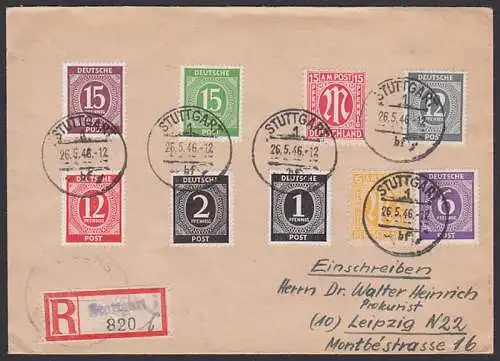 Stuttgart 26.5.46 MiF Ziffern und AMP R-Brief nach Leipzig, Portogenau