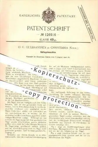 original Patent - O. G. Gulbrandsen in Christiania , Norwegen , 1900 , Hufnagelmaschine , Huf , Hufeisen , Hufschmied !!