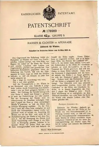 Original Patentschrift - Hansen & Closter in Apenrade/ Aabenraa , 1906 , Zählwerk für Winden !!!