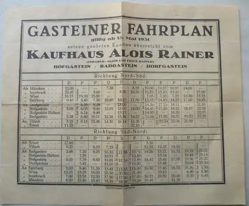 Gasteiner Fahrplan Mai 1931