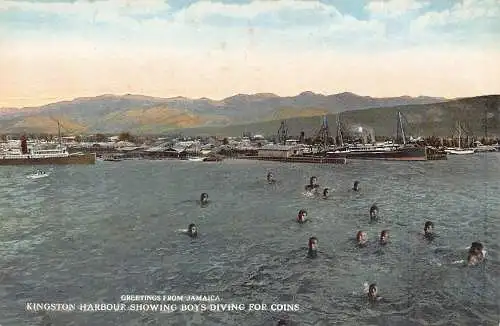 Postkarte Grüße aus Jamaika Kingston Harbour zeigt Jungen, die nach Münzen tauchen