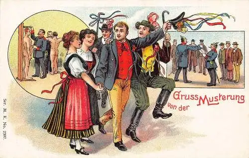 L002 Deutschland 1900 Gruss von der Musterung Paare Militär Litho Postkarte