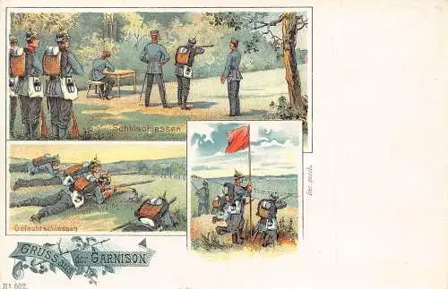 L002 Deutschland 1900 Gruss aus der Garnison Militär Schießlitho Postkarte