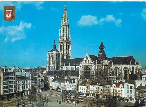 Postcard Belgium Antwerp Green square and Cathedral of our lady