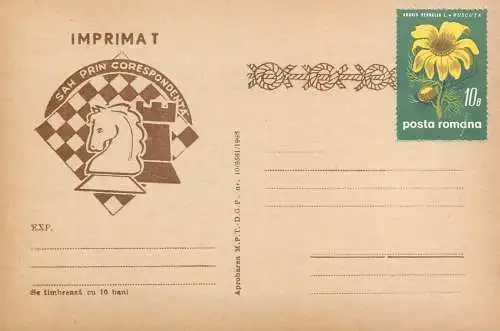 Chess by mail correspondence 1960s post card Romania uprated flower stamp