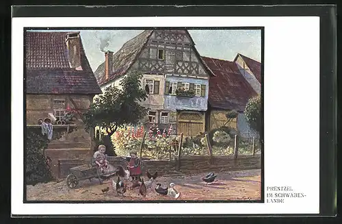 Künstler-AK sign. Prentzel: Kinder in einem kleinen Dorf im Schwabenlande