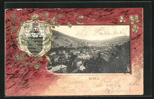 Passepartout-Lithographie Ruhla, Totalansicht mit Gebirge, Wappen