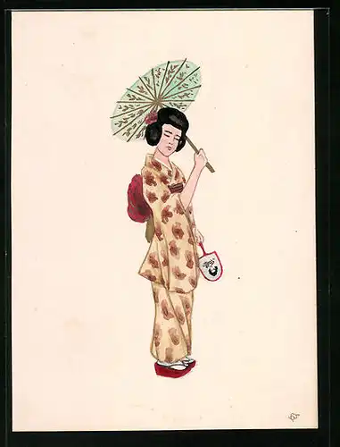 Handzeichnung Geisha mit Schirm und Fächer