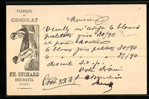 Vorläufer-Lithographie Neuchâtel, 1886, Fabrique de Chocolat, Kinderpaar mit Schokolade, Reklame für Kakao Suchard