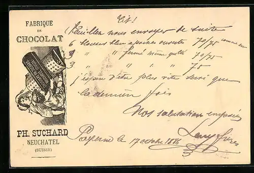 Vorläufer-Lithographie Neuchâtel, 1886, Fabrique de Chocolat, Kinderpaar mit Reibe, Reklame für Kakao Suchard