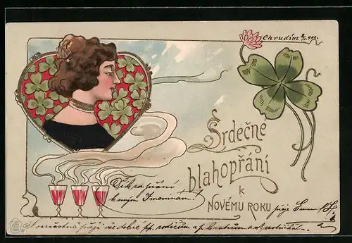 Präge-AK Srdecne blahoprani k Novému Roku, Frau im Profil, Glücksklee, Jugendstil