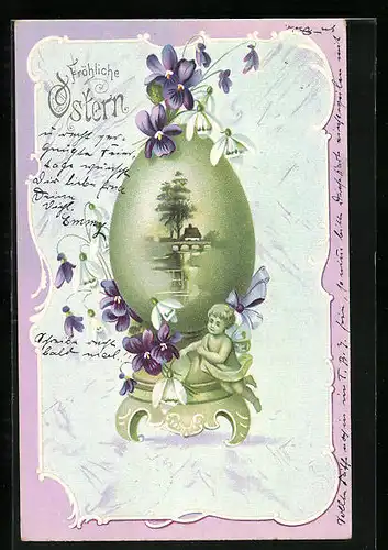 AK Fröhliche Ostern, Osterengel mit Blüten
