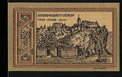 Notgeld Ehrenbreitstein 1921, 50 Pfennig, Ortsansicht ums Jahr 1700