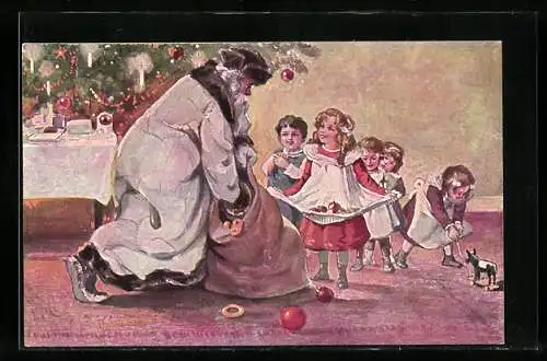 AK der Weihnachtsmann verteilt Geschenke an Kinder, Weihnachtsbaum