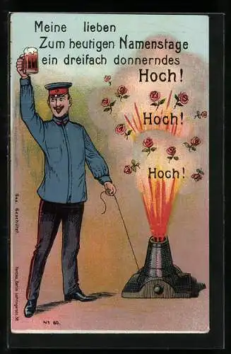 AK Soldat prostet mit Kanonenschlag und Bierkrug zum Namenstag