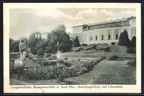 AK Wien, Baumgartnerhöhe, Lungenheilstätte der Stadt Wien, Ambulanzgebäude mit Löwenteich