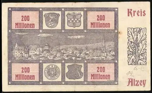 Notgeld Alzey, 1923, 200 Millionen Mark, Stadtansicht und Eichenblatt