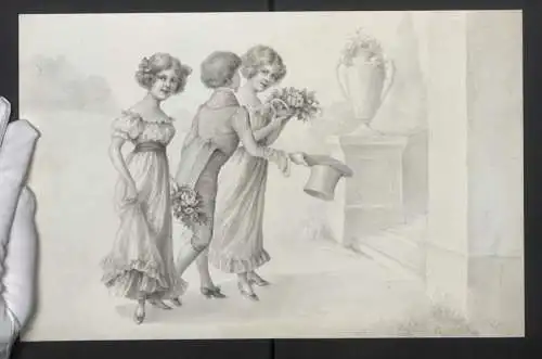 Handzeichnung / Ansichtskarten-Entwurf Wichera - Raimund Ritter von Brennerstein, junges Paar & Mädchen wohl gekleidet
