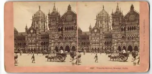 Stereo-Fotografie B.W. Kilburn, Littleton, Ansicht Bombay / Indien, Bahnhof Victoria-Station