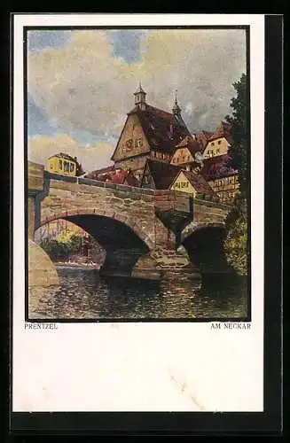 Künstler-AK sign.: Prentzel, Postkutsche auf einer Neckarbrücke