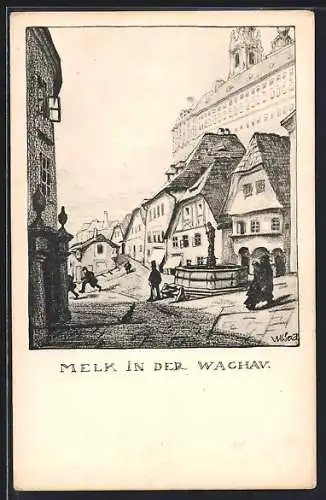Künstler-AK Ulf Seidl: Melk an der Donau, Motiv aus der Stadt