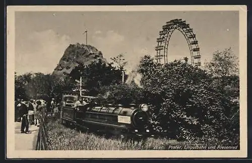 AK Wien, Wiener Prater, Liliputbahn mit Zuschauern, Riesenrad