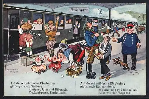 Künstler-AK Hans Boettcher: Stuttgart, Auf de schwäbische Eisebahne!, 1. Bild, Turbulente Szene am Bahnsteig