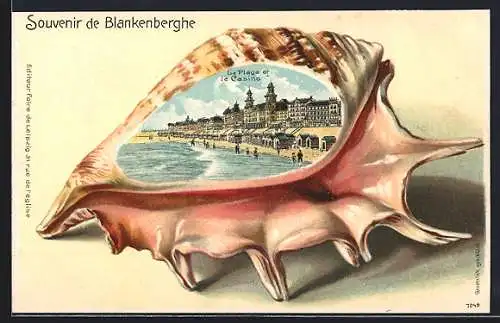Passepartout-Lithographie Blankenberghe, La Plage et le Casino, Ansicht auf Muschel